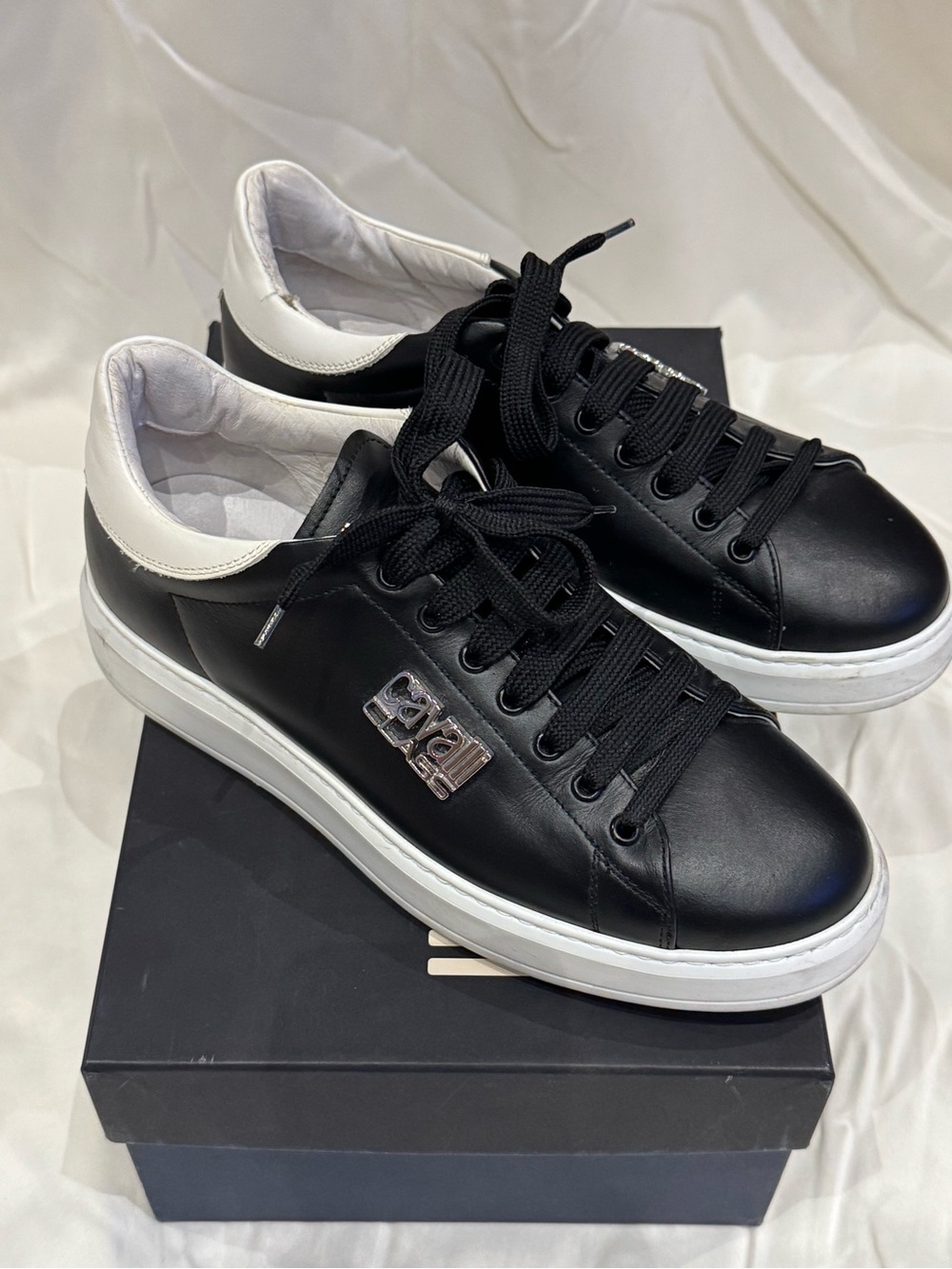 Cavalli Class Black Leather Sneakers with White Collar